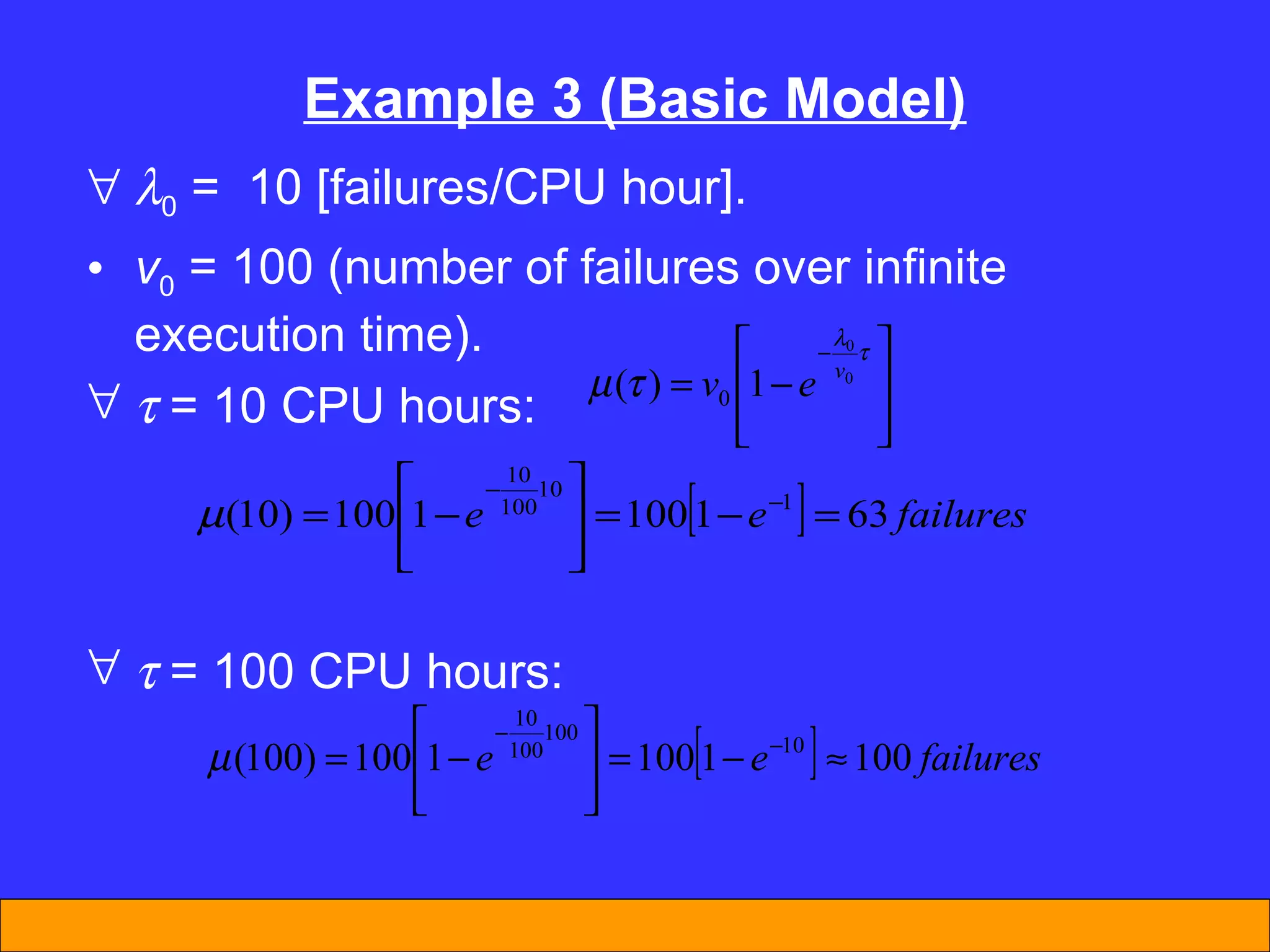 Example 3 (Basic Model)  0  =  10 [failures/CPU hour]. v 0  = 100 (number of failures over infinite execution time).    = 10 CPU hours:    = 100 CPU hours: 