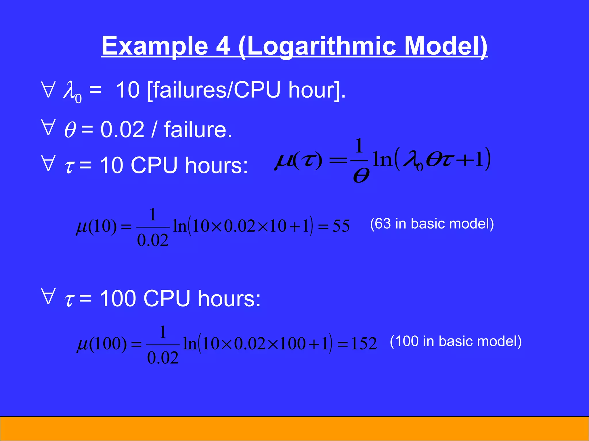 Example 4 (Logarithmic Model)  0  =  10 [failures/CPU hour].    = 0.02 / failure.    = 10 CPU hours:    = 100 CPU hours: (63 in basic model) (100 in basic model) 