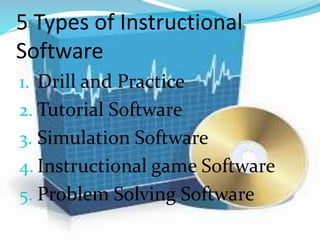5 Types of Instructional
Software
1. Drill and Practice
2. Tutorial Software
3. Simulation Software
4. Instructional game Software
5. Problem Solving Software
 