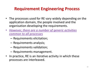 Requirement Engineering Process
• The processes used for RE vary widely depending on the
application domain, the people involved and the
organisation developing the requirements.
• However, there are a number of generic activities
common to all processes
– Requirements elicitation;
– Requirements analysis;
– Requirements validation;
– Requirements management.
• In practice, RE is an iterative activity in which these
processes are interleaved.
32
 