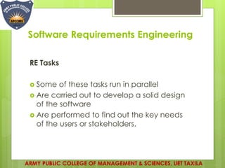 Software Requirements Engineering
RE Tasks
 Some of these tasks run in parallel
 Are carried out to develop a solid design
of the software
 Are performed to find out the key needs
of the users or stakeholders.
ARMY PUBLIC COLLEGE OF MANAGEMENT & SCIENCES, UET TAXILA
 