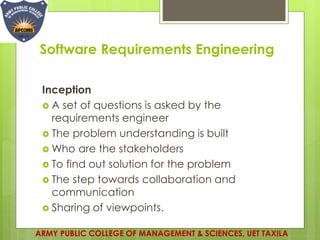 Software Requirements Engineering
Inception
 A set of questions is asked by the
requirements engineer
 The problem understanding is built
 Who are the stakeholders
 To find out solution for the problem
 The step towards collaboration and
communication
 Sharing of viewpoints.
ARMY PUBLIC COLLEGE OF MANAGEMENT & SCIENCES, UET TAXILA
 
