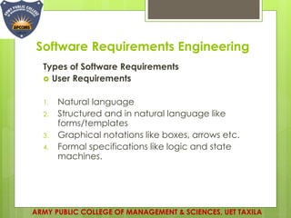 Software Requirements Engineering
ARMY PUBLIC COLLEGE OF MANAGEMENT & SCIENCES, UET TAXILA
Types of Software Requirements
 User Requirements
1. Natural language
2. Structured and in natural language like
forms/templates
3. Graphical notations like boxes, arrows etc.
4. Formal specifications like logic and state
machines.
 