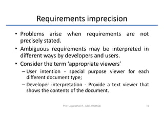 Requirements imprecision
• Problems arise when requirements are not
  precisely stated.
• Ambiguous requirements may be interpreted in
  different ways by developers and users.
• Consider the term ‘appropriate viewers’
  – User intention - special purpose viewer for each
    different document type;
  – Developer interpretation - Provide a text viewer that
    shows the contents of the document.

                   Prof. Loganathan R., CSE, HKBKCE    12
 