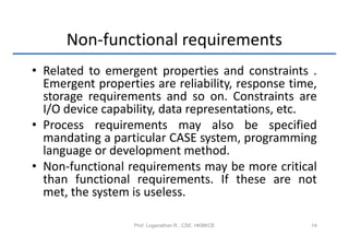 Non-functional requirements
• Related to emergent properties and constraints .
  Emergent properties are reliability, response time,
  storage requirements and so on. Constraints are
  I/O device capability, data representations, etc.
• Process requirements may also be specified
  mandating a particular CASE system, programming
  language or development method.
• Non-functional requirements may be more critical
  than functional requirements. If these are not
  met, the system is useless.

                   Prof. Loganathan R., CSE, HKBKCE   14
 