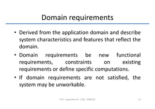 Domain requirements
• Derived from the application domain and describe
  system characteristics and features that reflect the
  domain.
• Domain requirements be new functional
  requirements,      constraints      on      existing
  requirements or define specific computations.
• If domain requirements are not satisfied, the
  system may be unworkable.

                   Prof. Loganathan R., CSE, HKBKCE   22
 