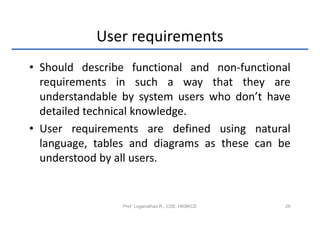 User requirements
• Should describe functional and non-functional
  requirements in such a way that they are
  understandable by system users who don’t have
  detailed technical knowledge.
• User requirements are defined using natural
  language, tables and diagrams as these can be
  understood by all users.


                Prof. Loganathan R., CSE, HKBKCE   26
 