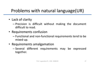 Problems with natural language(UR)
• Lack of clarity
  – Precision is difficult without making the document
    difficult to read.
• Requirements confusion
  – Functional and non-functional requirements tend to be
    mixed-up.
• Requirements amalgamation
  – Several different requirements may be expressed
    together.

                    Prof. Loganathan R., CSE, HKBKCE   27
 