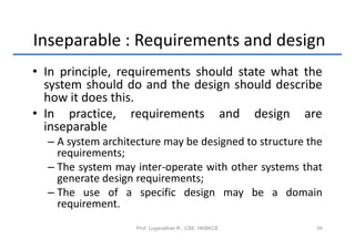 Inseparable : Requirements and design
• In principle, requirements should state what the
  system should do and the design should describe
  how it does this.
• In practice, requirements and design are
  inseparable
  – A system architecture may be designed to structure the
    requirements;
  – The system may inter-operate with other systems that
    generate design requirements;
  – The use of a specific design may be a domain
    requirement.
                    Prof. Loganathan R., CSE, HKBKCE    34
 