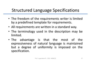 Structured Language Specifications
• The freedom of the requirements writer is limited
  by a predefined template for requirements.
• All requirements are written in a standard way.
• The terminology used in the description may be
  limited.
• The advantage is that the most of the
  expressiveness of natural language is maintained
  but a degree of uniformity is imposed on the
  specification.

                  Prof. Loganathan R., CSE, HKBKCE   37
 