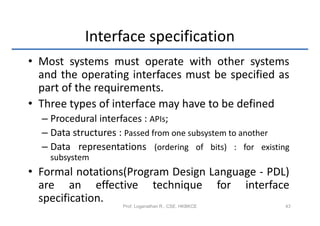 Interface specification
• Most systems must operate with other systems
  and the operating interfaces must be specified as
  part of the requirements.
• Three types of interface may have to be defined
  – Procedural interfaces : APIs;
  – Data structures : Passed from one subsystem to another
  – Data representations (ordering of bits) : for existing
    subsystem
• Formal notations(Program Design Language - PDL)
  are an effective technique for interface
  specification.
                    Prof. Loganathan R., CSE, HKBKCE     43
 