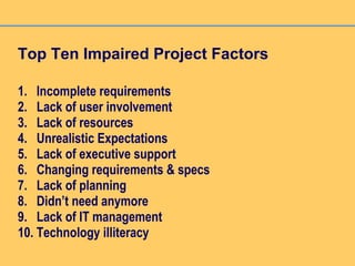 Top Ten Impaired Project Factors
1. Incomplete requirements
2. Lack of user involvement
3. Lack of resources
4. Unrealistic Expectations
5. Lack of executive support
6. Changing requirements & specs
7. Lack of planning
8. Didn’t need anymore
9. Lack of IT management
10. Technology illiteracy
 