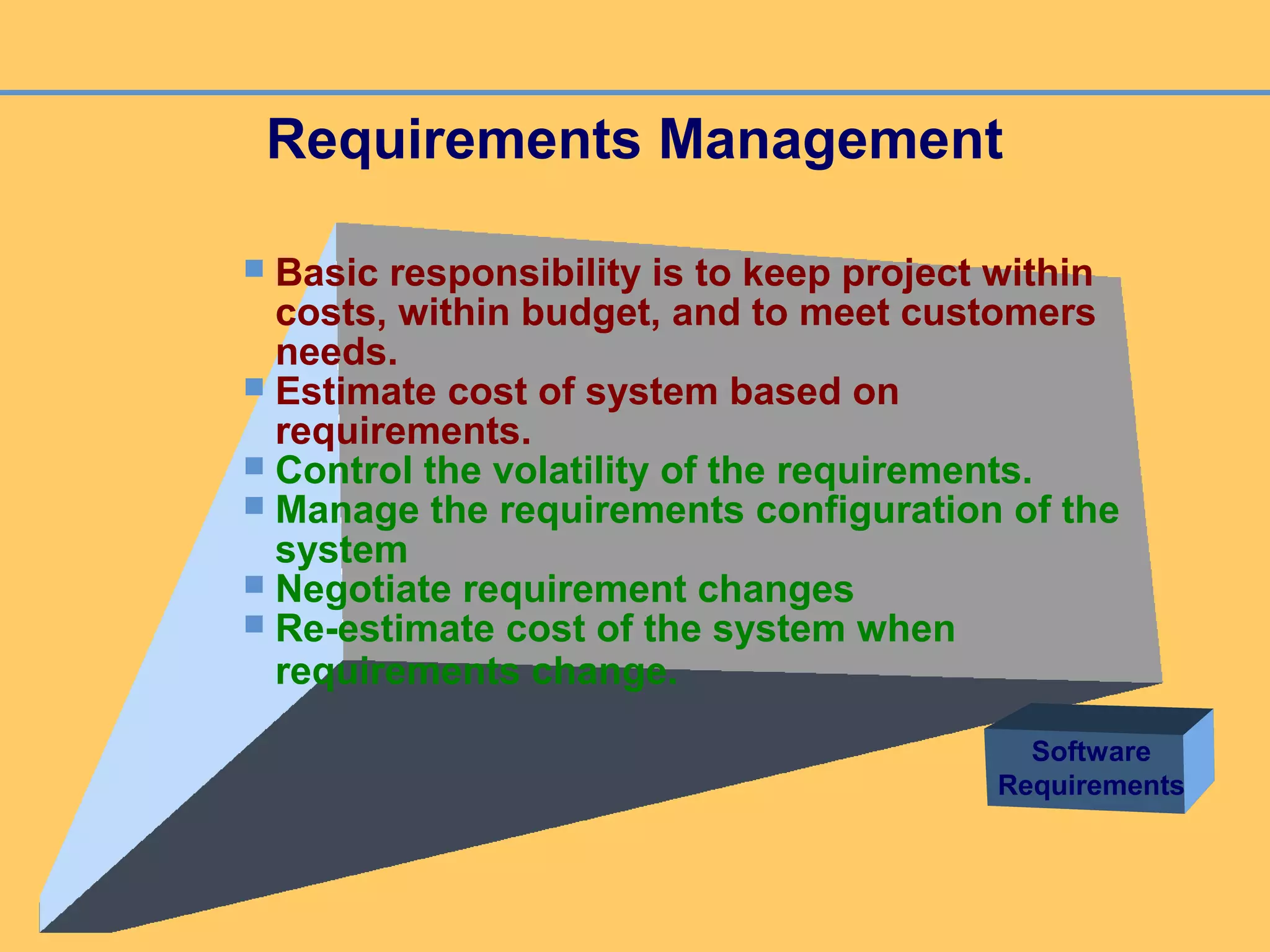 Requirements Management
 Basic responsibility is to keep project within
costs, within budget, and to meet customers
needs.
 Estimate cost of system based on
requirements.
 Control the volatility of the requirements.
 Manage the requirements configuration of the
system
 Negotiate requirement changes
 Re-estimate cost of the system when
requirements change.
Software
Requirements
 