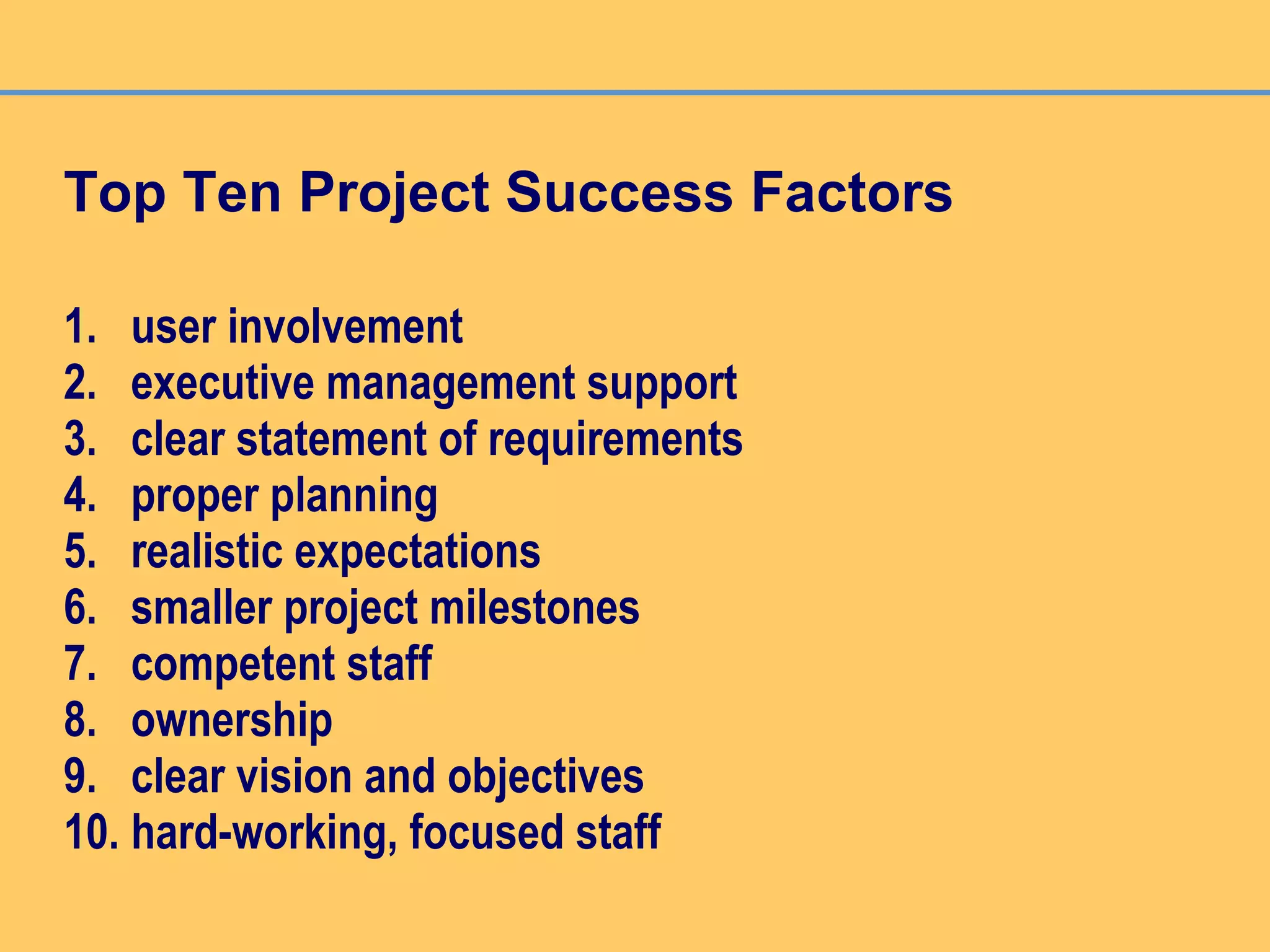 Top Ten Project Success Factors
1. user involvement
2. executive management support
3. clear statement of requirements
4. proper planning
5. realistic expectations
6. smaller project milestones
7. competent staff
8. ownership
9. clear vision and objectives
10. hard-working, focused staff
 