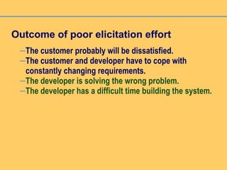 Outcome of poor elicitation effort
–The customer probably will be dissatisfied.
–The customer and developer have to cope with
constantly changing requirements.
–The developer is solving the wrong problem.
–The developer has a difficult time building the system.
 