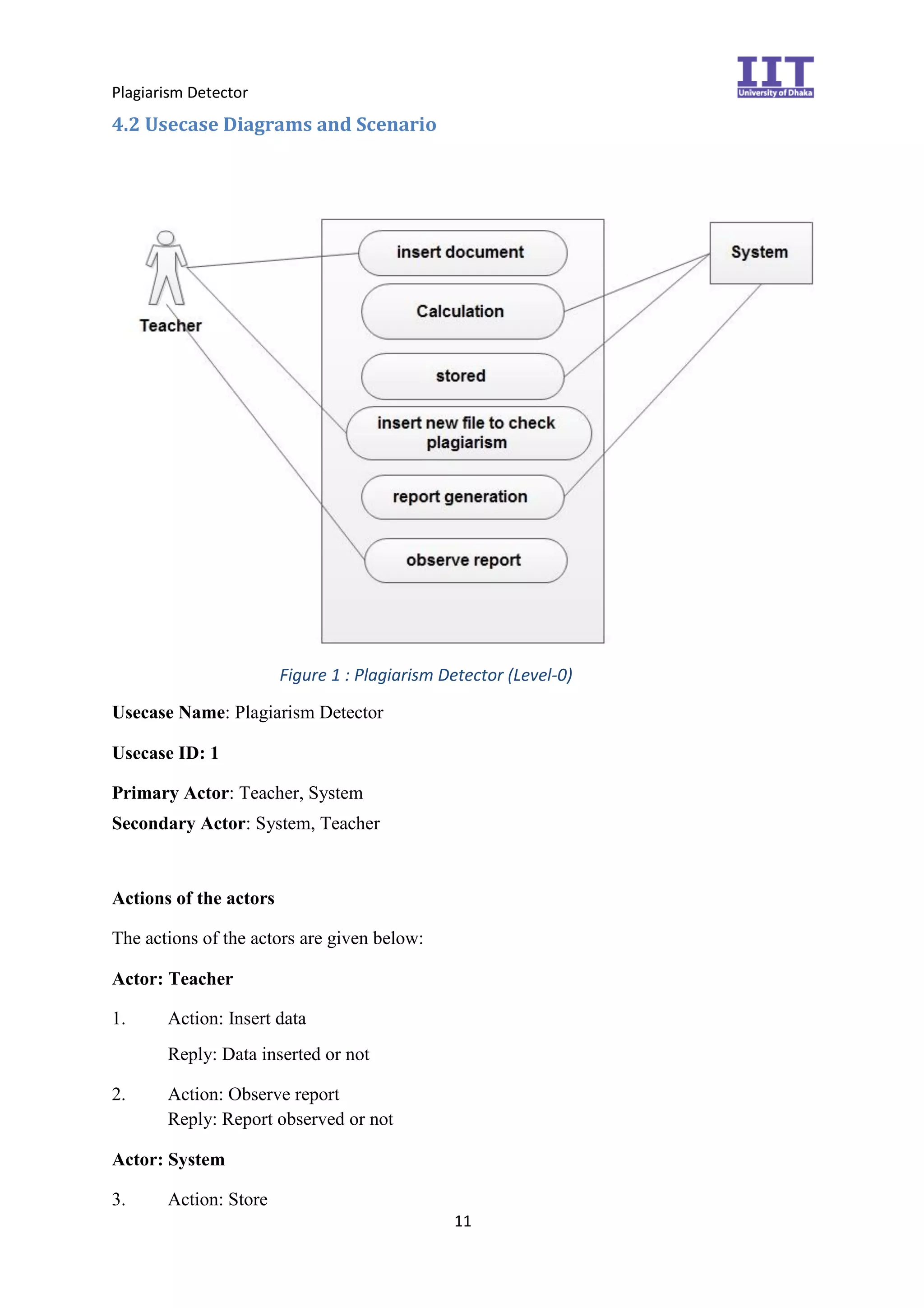 Plagiarism Detector
11
4.2 Usecase Diagrams and Scenario
Figure 1 : Plagiarism Detector (Level-0)
Usecase Name: Plagiarism Detector
Usecase ID: 1
Primary Actor: Teacher, System
Secondary Actor: System, Teacher
Actions of the actors
The actions of the actors are given below:
Actor: Teacher
1. Action: Insert data
Reply: Data inserted or not
2. Action: Observe report
Reply: Report observed or not
Actor: System
3. Action: Store
 