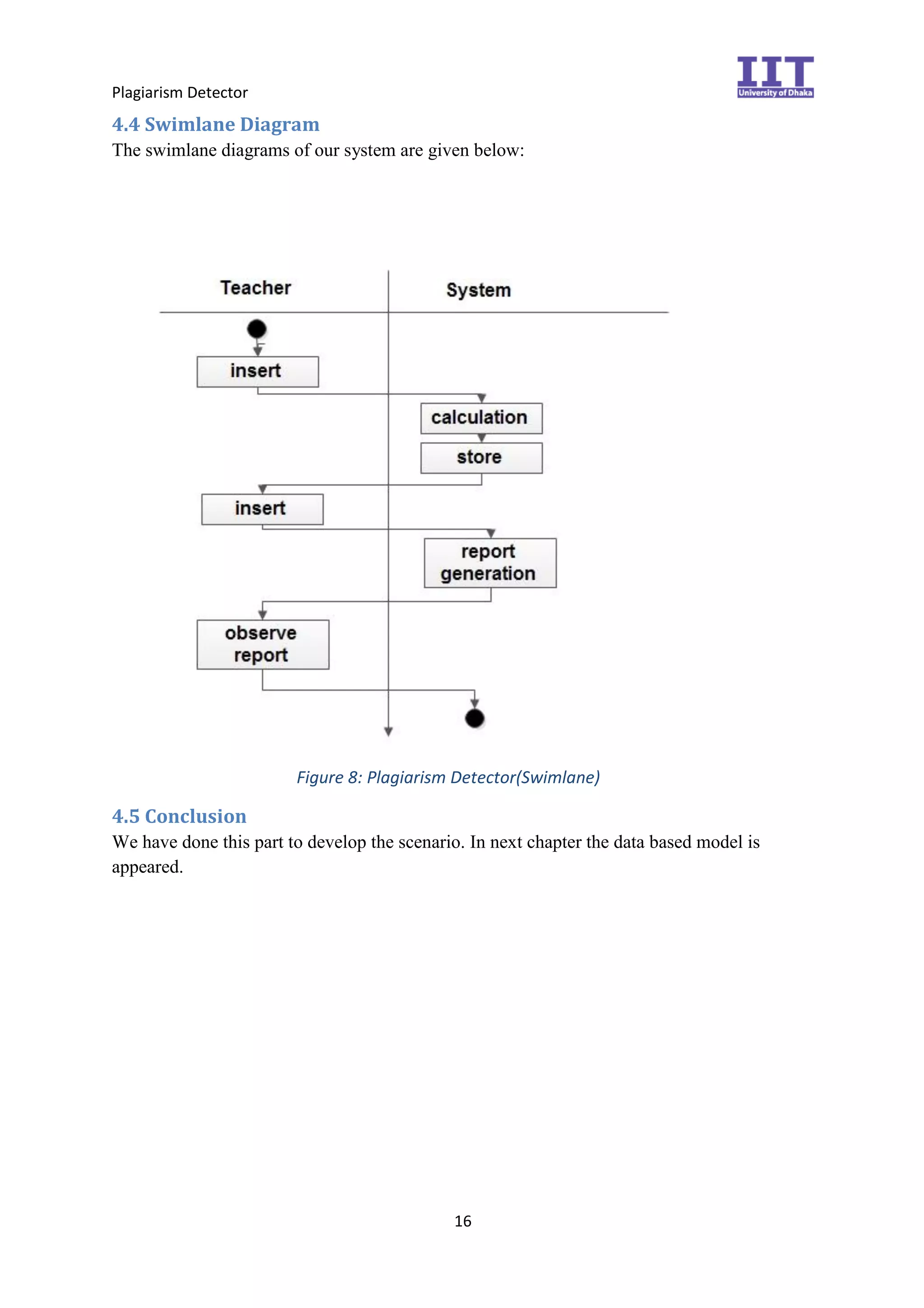 Plagiarism Detector
16
4.4 Swimlane Diagram
The swimlane diagrams of our system are given below:
Figure 8: Plagiarism Detector(Swimlane)
4.5 Conclusion
We have done this part to develop the scenario. In next chapter the data based model is
appeared.
 