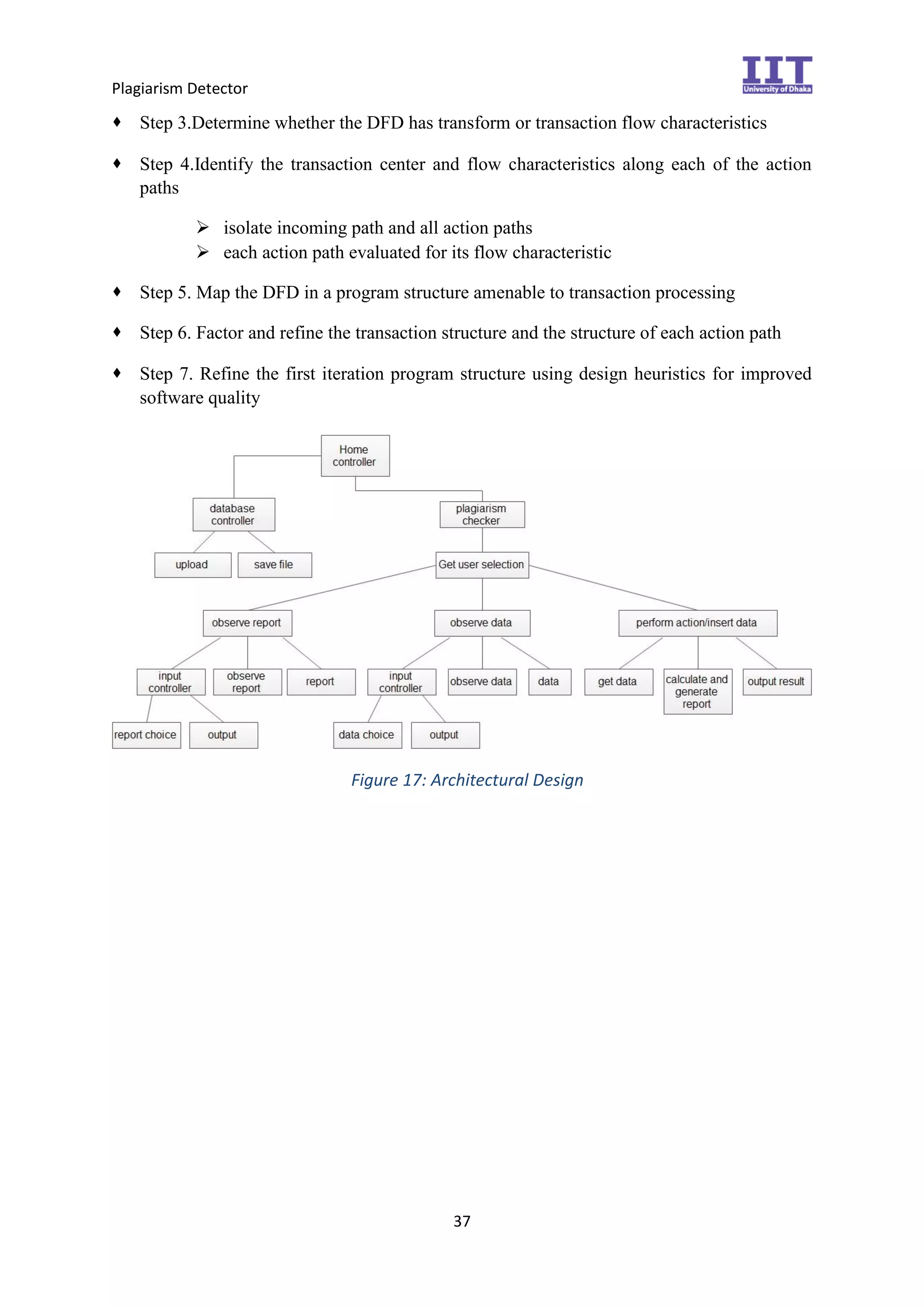 Plagiarism Detector
37
 Step 3.Determine whether the DFD has transform or transaction flow characteristics 

 Step 4.Identify the transaction center and flow characteristics along each of the action
paths 

 isolate incoming path and all action paths 
 each action path evaluated for its flow characteristic 

 Step 5. Map the DFD in a program structure amenable to transaction processing 

 Step 6. Factor and refine the transaction structure and the structure of each action path 

 Step 7. Refine the first iteration program structure using design heuristics for improved
software quality 
Figure 17: Architectural Design
 