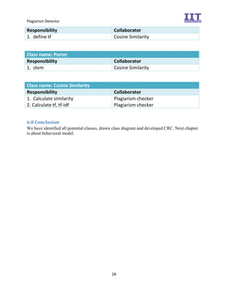 Plagiarism Detector
28
Responsibility Collaborator
1. define tf Cosine Similarity
Class name: Porter
Responsibility Collaborator
1. stem Cosine Similarity
Class name: Cosine Similarity
Responsibility Collaborator
1. Calculate similarity
2. Calculate tf, tf-idf
Plagiarism checker
Plagiarism checker
6.8 Conclusion
We have identified all potential classes, drawn class diagram and developed CRC. Next chapter
is about behavioral model.
 