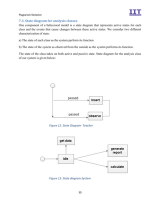 Plagiarism Detector
30
7.3. State diagram for analysis classes
One component of a behavioral model is a state diagram that represents active states for each
class and the events that cause changes between these active states. We consider two different
characterization of state:
a) The state of each class as the system perform its function
b) The state of the system as observed from the outside as the system performs its function.
The state of the class takes on both active and passive state. State diagram for the analysis class
of our system is given below:
Figure 12: State Diagram- Teacher
Figure 13: State diagram-System
 