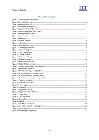 Plagiarism Detector
viii
TABLE OF FIGURES
Figure 1 : Plagiarism Detector (Level-0)................................................................................................................ 11
Figure 2: Submission (Level 1)............................................................................................................................... 12
Figure 3: Calculation (Level 2)............................................................................................................................... 13
Figure 4: Report Generation (Level-3)................................................................................................................... 13
Figure 5: Plagiarism Detector (Level 1)................................................................................................................. 14
Figure 6: Insert and observe Activity (Level-2)...................................................................................................... 15
Figure 7: Report generation (Level-3)................................................................................................................... 15
Figure 8: Plagiarism Detector(Swimlane) ............................................................................................................. 16
Figure 9: ER diagram ............................................................................................................................................ 19
Figure 10: Schema diagram.................................................................................................................................. 20
Figure 11 : Class diagram...................................................................................................................................... 26
Figure 12: State Diagram- Teacher....................................................................................................................... 30
Figure 13: State diagram-System ......................................................................................................................... 30
Figure 14: Sequence Diagram............................................................................................................................... 31
Figure 15: Data Flow Diagram.............................................................................................................................. 34
Figure 16: Context Diagram.................................................................................................................................. 35
Figure 17: Architectural Design ............................................................................................................................ 37
Figure 18: All Design classes ................................................................................................................................. 40
Figure 19: All Design component.......................................................................................................................... 41
Figure 20: Elaborate Design classes...................................................................................................................... 45
Figure 21: Collaboration diagram with messaging............................................................................................... 46
Figure 22: Appropriate Interface .......................................................................................................................... 47
Figure 23: Activity diagram for insert_data() ....................................................................................................... 48
Figure 24: Activity diagram for observe_report() ................................................................................................. 49
Figure 25: Activity diagram for calculate_data().................................................................................................. 49
Figure 26: Activity Diagram for generate_report()............................................................................................... 50
Figure 27: Elaborate behavior .............................................................................................................................. 53
Figure 28: Elaborate Deployment......................................................................................................................... 54
Figure 29: Home Page........................................................................................................................................... 55
Figure 30: Upload File........................................................................................................................................... 56
Figure 31: Plagiarism Checker .............................................................................................................................. 57
Figure 32: Plagiarism Checker Result.................................................................................................................... 57
Figure 33: Home Page........................................................................................................................................... 58
Figure 34: Data file upload ................................................................................................................................... 58
Figure 35: Choose File........................................................................................................................................... 59
Figure 36: Add File ................................................................................................................................................ 59
Figure 37: File Added Successfully ........................................................................................................................ 60
Figure 38: Submit a new file to check plagiarism ................................................................................................. 60
Figure 39: Check Plagiarism.................................................................................................................................. 61
Figure 40: Percentage of plagiarism..................................................................................................................... 61
 