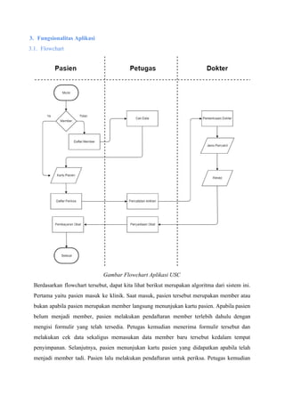 3. Fungsionalitas Aplikasi
3.1. Flowchart
Gambar Flowchart Aplikasi USC
Berdasarkan flowchart tersebut, dapat kita lihat berikut merupakan algoritma dari sistem ini.
Pertama yaitu pasien masuk ke klinik. Saat masuk, pasien tersebut merupakan member atau
bukan apabila pasien merupakan member langsung menunjukan kartu pasien. Apabila pasien
belum menjadi member, pasien melakukan pendaftaran member terlebih dahulu dengan
mengisi formulir yang telah tersedia. Petugas kemudian menerima formulir tersebut dan
melakukan cek data sekaligus memasukan data member baru tersebut kedalam tempat
penyimpanan. Selanjutnya, pasien menunjukan kartu pasien yang didapatkan apabila telah
menjadi member tadi. Pasien lalu melakukan pendaftaran untuk periksa. Petugas kemudian
 