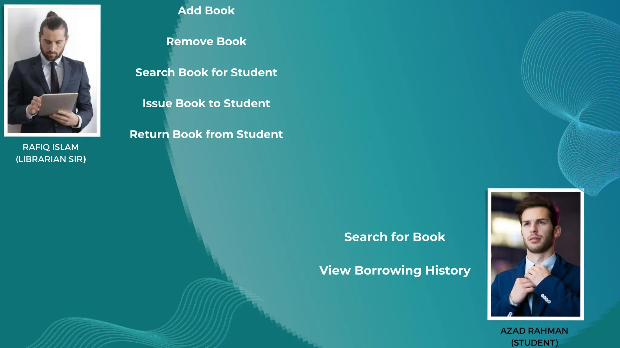 AZAD RAHMAN
(STUDENT)
RAFIQ ISLAM
(LIBRARIAN SIR)
Add Book
Remove Book
Search Book for Student
Issue Book to Student
Return Book from Student
Search for Book
View Borrowing History