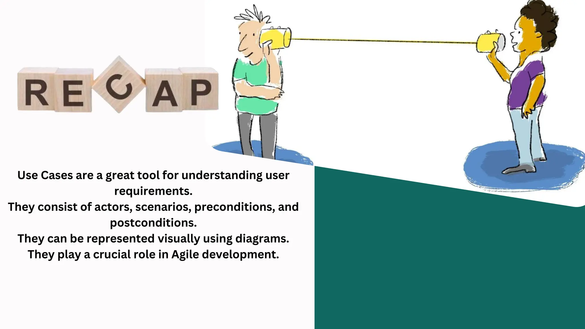 Use Cases are a great tool for understanding user
requirements.
They consist of actors, scenarios, preconditions, and
postconditions.
They can be represented visually using diagrams.
They play a crucial role in Agile development.