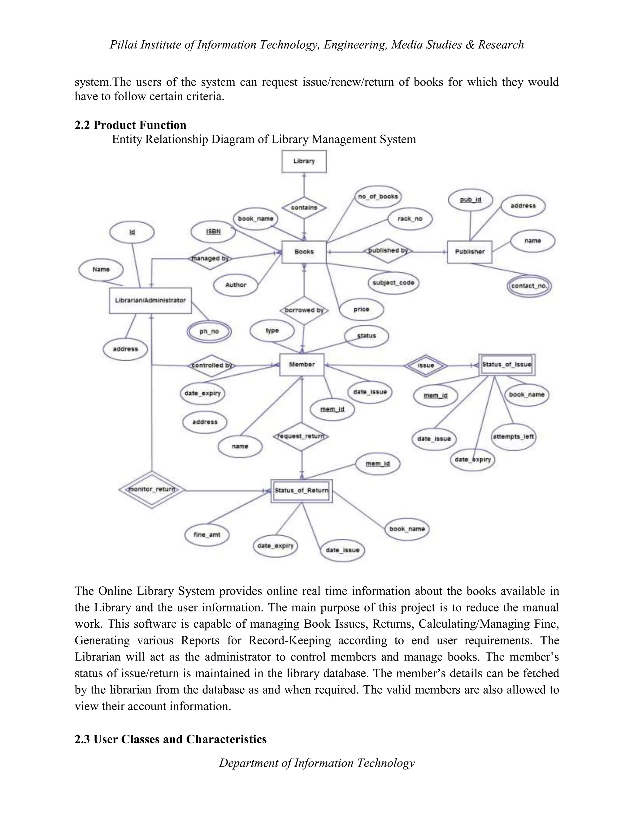 Pillai Institute of Information Technology, Engineering, Media Studies & Research
system.The users of the system can request issue/renew/return of books for which they would
have to follow certain criteria.
2.2 Product Function
Entity Relationship Diagram of Library Management System

The Online Library System provides online real time information about the books available in
the Library and the user information. The main purpose of this project is to reduce the manual
work. This software is capable of managing Book Issues, Returns, Calculating/Managing Fine,
Generating various Reports for Record-Keeping according to end user requirements. The
Librarian will act as the administrator to control members and manage books. The member’s
status of issue/return is maintained in the library database. The member’s details can be fetched
by the librarian from the database as and when required. The valid members are also allowed to
view their account information.
2.3 User Classes and Characteristics
Department of Information Technology

 
