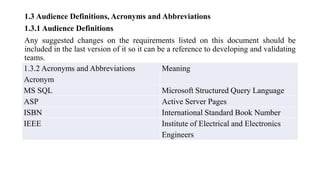 1.3 Audience Definitions, Acronyms and Abbreviations
1.3.1 Audience Definitions
Any suggested changes on the requirements listed on this document should be
included in the last version of it so it can be a reference to developing and validating
teams.
1.3.2 Acronyms and Abbreviations
Acronym
Meaning
MS SQL Microsoft Structured Query Language
ASP Active Server Pages
ISBN International Standard Book Number
IEEE Institute of Electrical and Electronics
Engineers
 