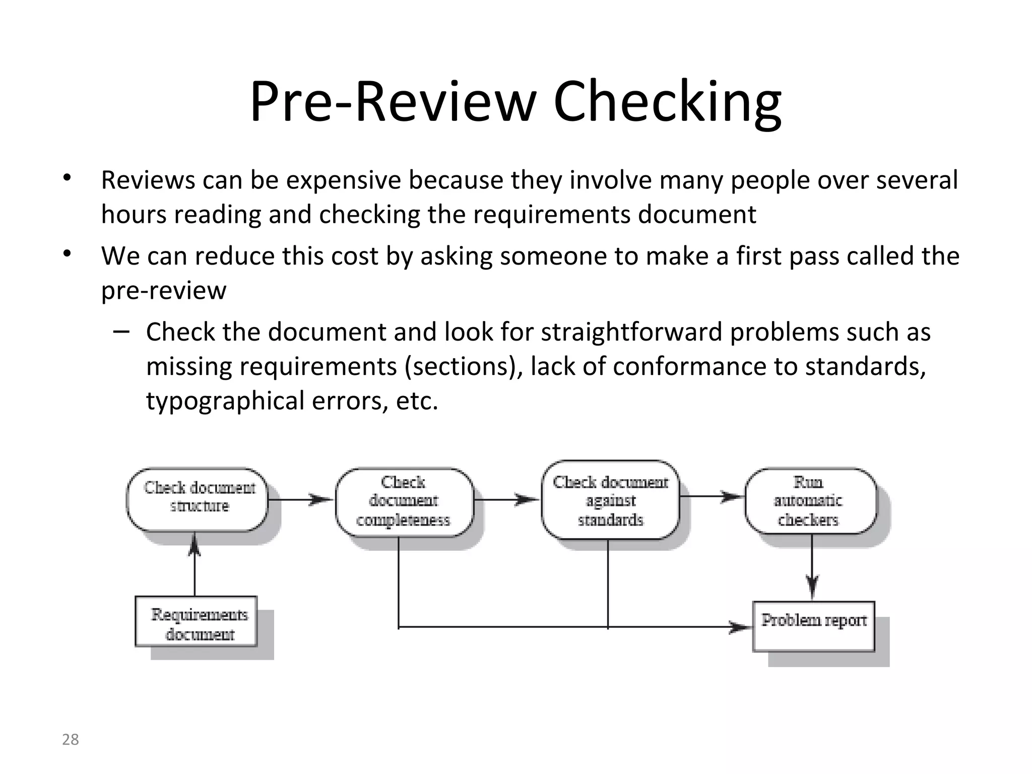 28
Pre-Review Checking
• Reviews can be expensive because they involve many people over several
hours reading and checking the requirements document
• We can reduce this cost by asking someone to make a first pass called the
pre-review
– Check the document and look for straightforward problems such as
missing requirements (sections), lack of conformance to standards,
typographical errors, etc.
 