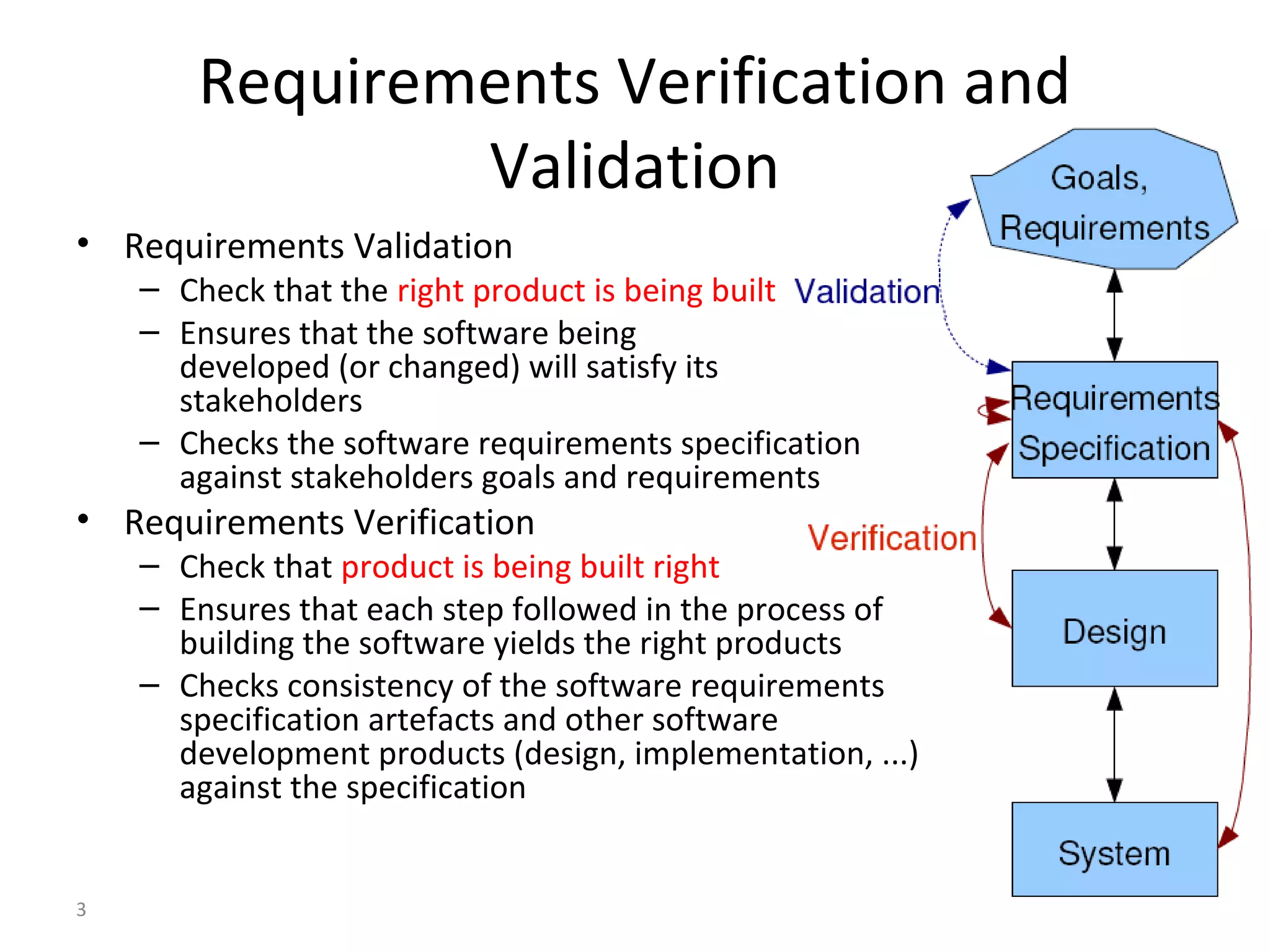 3
• Requirements Validation
– Check that the right product is being built
– Ensures that the software being
developed (or changed) will satisfy its
stakeholders
– Checks the software requirements specification
against stakeholders goals and requirements
• Requirements Verification
– Check that product is being built right
– Ensures that each step followed in the process of
building the software yields the right products
– Checks consistency of the software requirements
specification artefacts and other software
development products (design, implementation, ...)
against the specification
Requirements Verification and
Validation
 