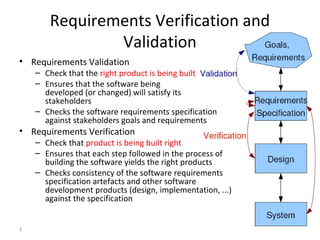 3
• Requirements Validation
– Check that the right product is being built
– Ensures that the software being
developed (or changed) will satisfy its
stakeholders
– Checks the software requirements specification
against stakeholders goals and requirements
• Requirements Verification
– Check that product is being built right
– Ensures that each step followed in the process of
building the software yields the right products
– Checks consistency of the software requirements
specification artefacts and other software
development products (design, implementation, ...)
against the specification
Requirements Verification and
Validation
 
