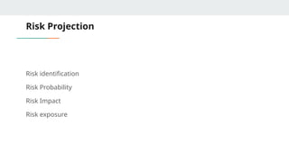 Risk Projection
Risk identification
Risk Probability
Risk Impact
Risk exposure
 