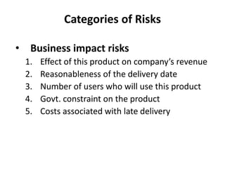 Categories of Risks
• Business impact risks
1. Effect of this product on company’s revenue
2. Reasonableness of the delivery date
3. Number of users who will use this product
4. Govt. constraint on the product
5. Costs associated with late delivery
 