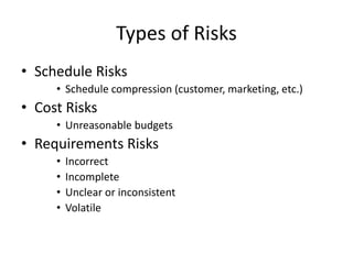 Types of Risks
• Schedule Risks
• Schedule compression (customer, marketing, etc.)
• Cost Risks
• Unreasonable budgets
• Requirements Risks
• Incorrect
• Incomplete
• Unclear or inconsistent
• Volatile
 