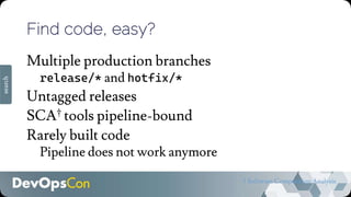 Find code, easy?
Multiple production branches
release/* and hotfix/*
Untagged releases
SCA† tools pipeline-bound
Rarely built code
Pipeline does not work anymore
† Software Composition Analysis
search
 