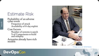 Estimate Risk
Probability of an adverse
cyber event
Frequency of attack
Availability of 0-day exploit
Cost factors
Number of systems to patch
% of Components to build
and redeploy
Actuaries already have rich
models
search
Image source: WikiMedia
 