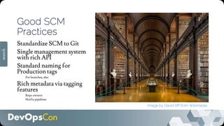 Good SCM
Practices
Standardize SCM to Git
Single management system
with rich API
Standard naming for
Production tags
For branches, also
Rich metadata via tagging
features
Repo owners
Hotfix pipelines
search
Image by David Iliff from Wikimedia
 