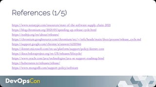 References (1/5)
https://www.sonatype.com/resources/state-of-the-software-supply-chain-2021
https://blog.chromium.org/2021/03/speeding-up-release-cycle.html
https://nodejs.org/en/about/releases/
https://chromium.googlesource.com/chromium/src/+/refs/heads/main/docs/process/release_cycle.md
https://support.google.com/chrome/a/answer/6220366
https://dotnet.microsoft.com/en-us/platform/support/policy/dotnet-core
https://docs.fedoraproject.org/en-US/releases/lifecycle/
https://www.oracle.com/java/technologies/java-se-support-roadmap.html
https://kubernetes.io/releases/release/
https://www.mongodb.com/support-policy/software
 