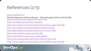 References (2/5)
https://heartbleed.com/
Why Every Business Is a Software Business — Watts S. Humphrey Informit, Feb 22, 2002
http://www.informit.com/articles/article.aspx?p=25491
https://en.wikipedia.org/wiki/Watts_Humphrey
https://www.sonatype.com/resources/state-of-the-software-supply-chain-2021
https://www.shopify.com/enterprise/global-ecommerce-statistics
https://blog.cloudflare.com/popular-domains-year-in-review-2021/
https://radar.cloudflare.com/year-in-review-2021
https://snyk.io/blog/net-open-source-security-insights/
https://www.contrastsecurity.com/the-state-of-the-oss-report-2021
https://octoverse.github.com/static/github-octoverse-2020-security-report.pdf
 