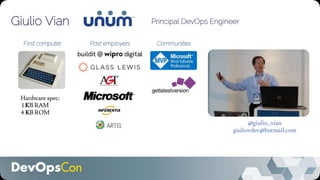 Hardware spec:
1 KB RAM
4 KB ROM
First computer Past employers Communities
Giulio Vian Principal DevOps Engineer
@giulio_vian
giuliovdev@hotmail.com
 
