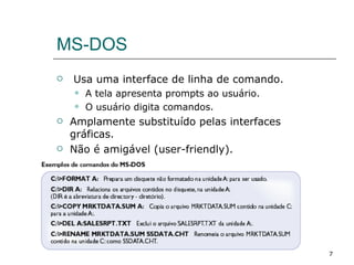 MS-DOS Usa uma interface de linha de comando. A tela apresenta prompts ao usuário. O usuário digita comandos. Amplamente substituído pelas interfaces gráficas. Não é amigável (user-friendly). 