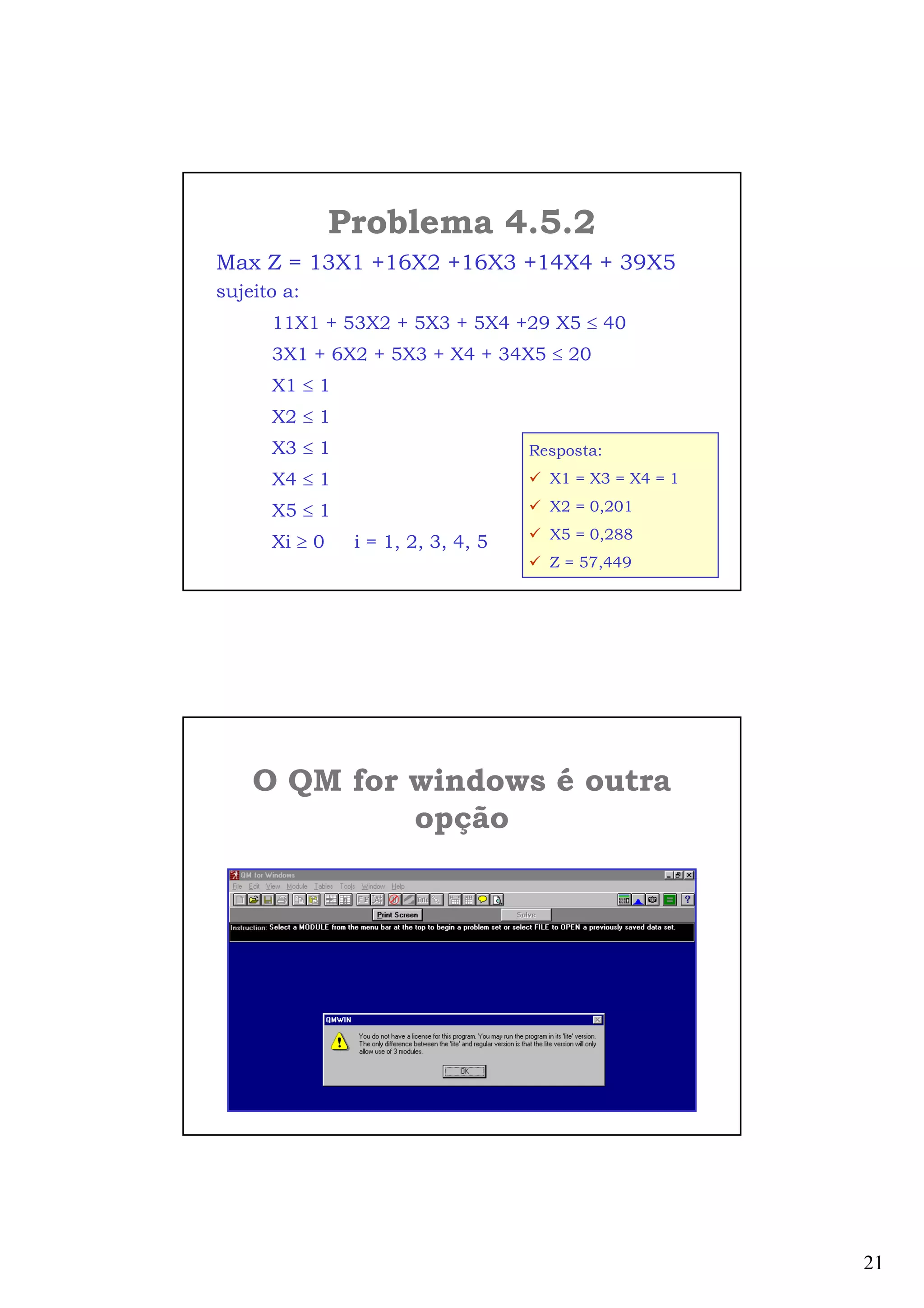 21
Problema 4.5.2
Resposta:
X1 = X3 = X4 = 1
X2 = 0,201
X5 = 0,288
Z = 57,449
Max Z = 13X1 +16X2 +16X3 +14X4 + 39X5
sujeito a:
11X1 + 53X2 + 5X3 + 5X4 +29 X5 ≤ 40
3X1 + 6X2 + 5X3 + X4 + 34X5 ≤ 20
X1 ≤ 1
X2 ≤ 1
X3 ≤ 1
X4 ≤ 1
X5 ≤ 1
Xi ≥ 0 i = 1, 2, 3, 4, 5
O QM for windows é outra
opção
 