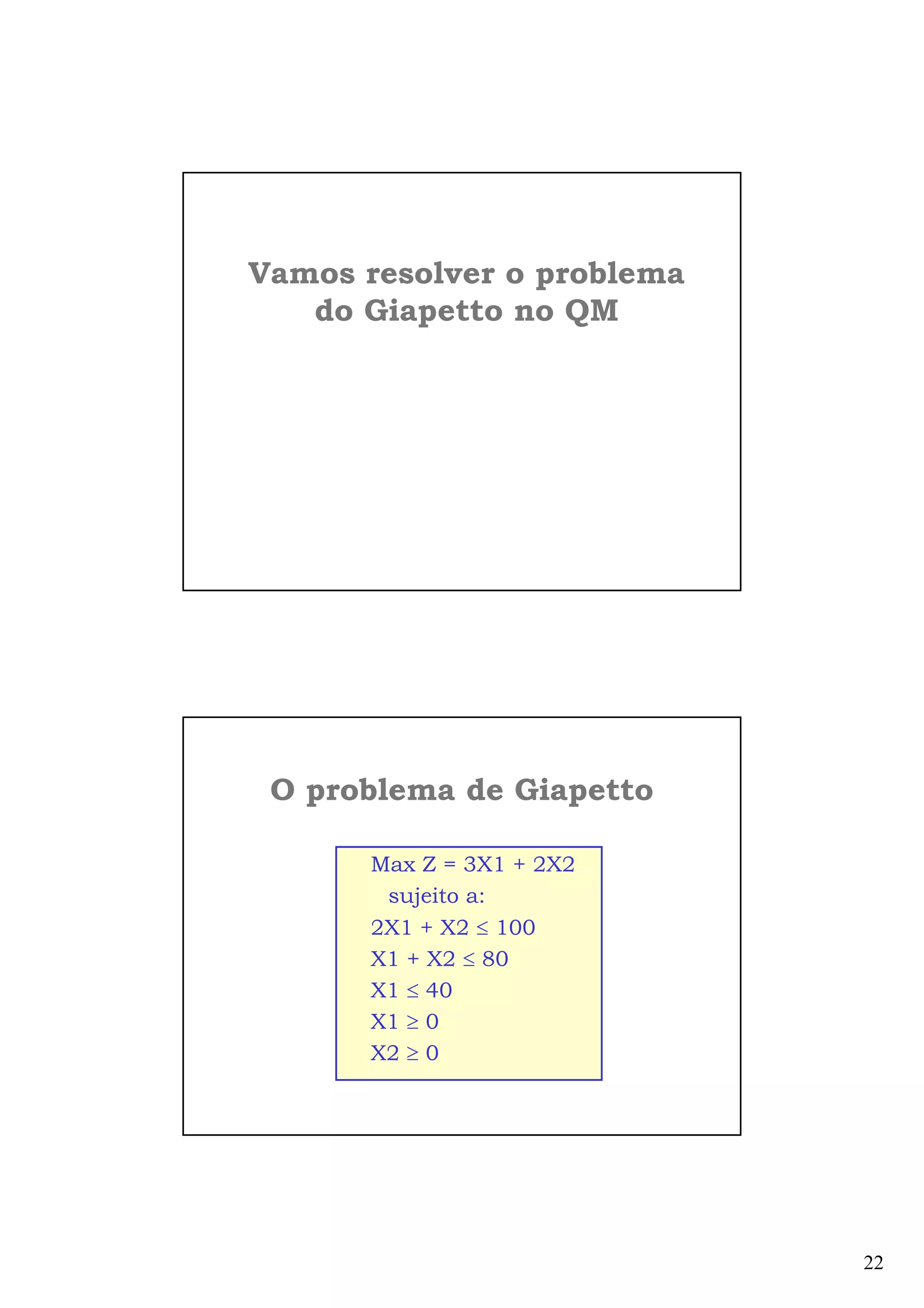 22
Vamos resolver o problema
do Giapetto no QM
O problema de Giapetto
Max Z = 3X1 + 2X2
sujeito a:
2X1 + X2 ≤ 100
X1 + X2 ≤ 80
X1 ≤ 40
X1 ≥ 0
X2 ≥ 0
 