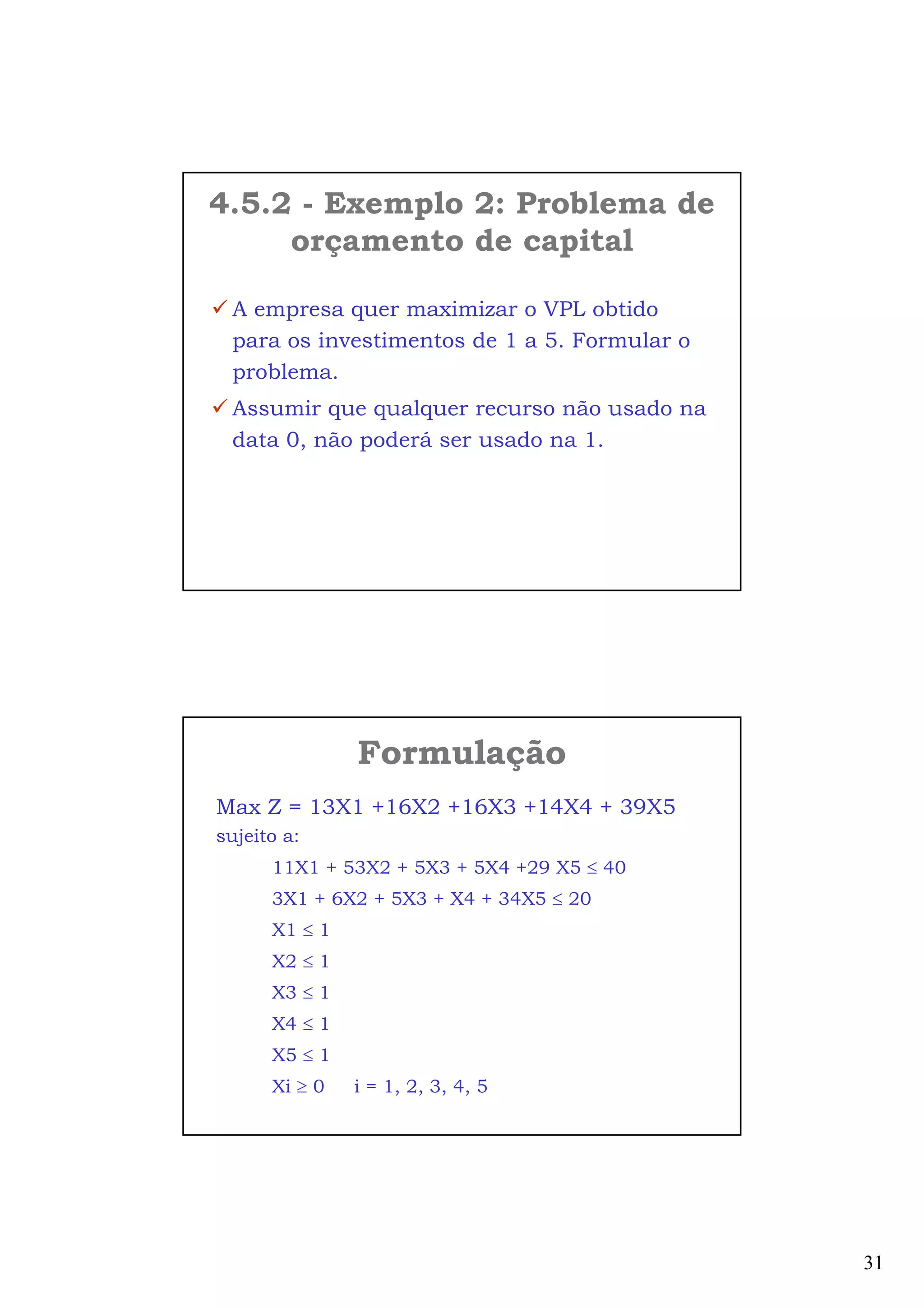 31
A empresa quer maximizar o VPL obtido
para os investimentos de 1 a 5. Formular o
problema.
Assumir que qualquer recurso não usado na
data 0, não poderá ser usado na 1.
4.5.2 - Exemplo 2: Problema de
orçamento de capital
Formulação
Max Z = 13X1 +16X2 +16X3 +14X4 + 39X5
sujeito a:
11X1 + 53X2 + 5X3 + 5X4 +29 X5 ≤ 40
3X1 + 6X2 + 5X3 + X4 + 34X5 ≤ 20
X1 ≤ 1
X2 ≤ 1
X3 ≤ 1
X4 ≤ 1
X5 ≤ 1
Xi ≥ 0 i = 1, 2, 3, 4, 5
 