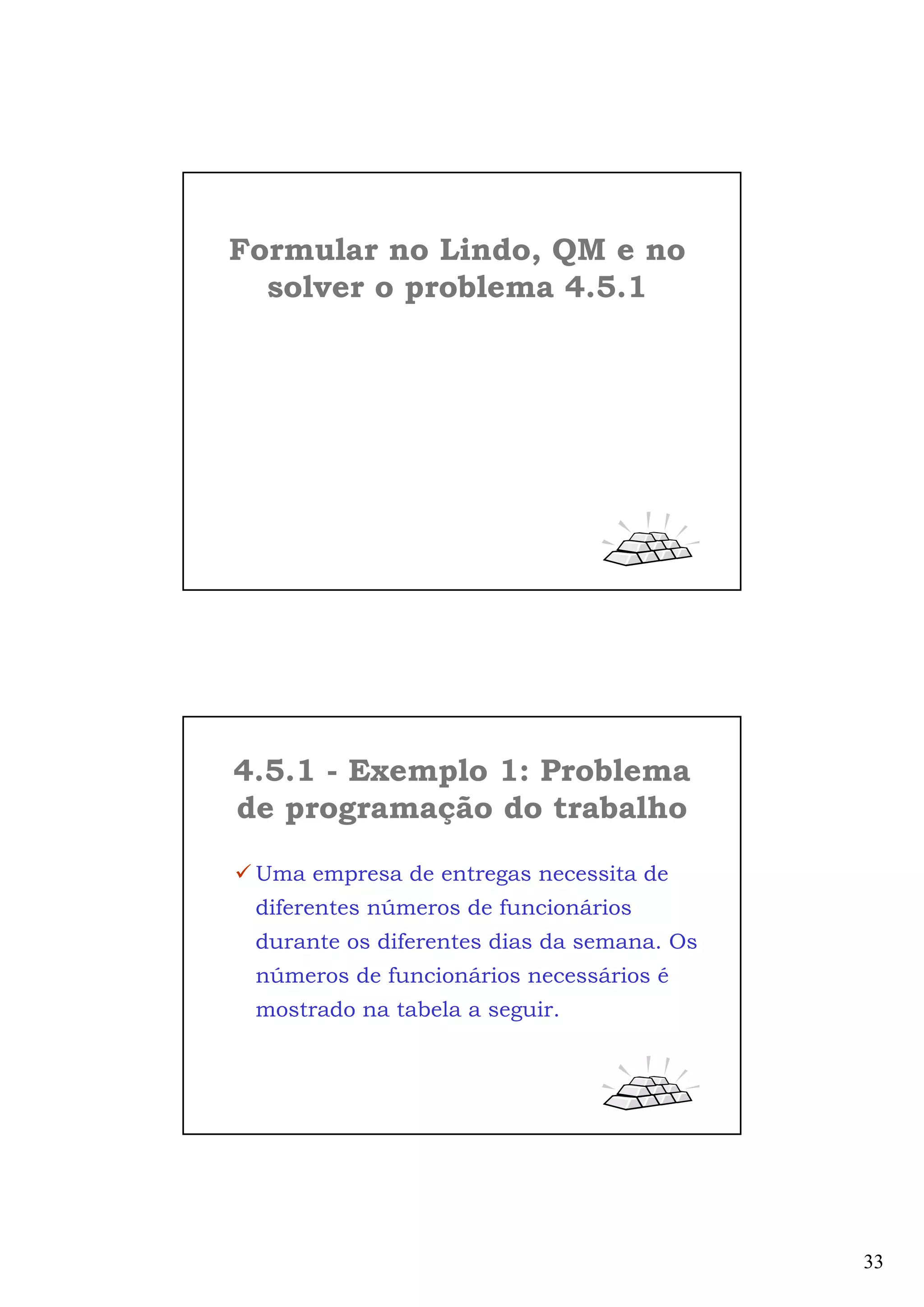 33
Formular no Lindo, QM e no
solver o problema 4.5.1
4.5.1 - Exemplo 1: Problema
de programação do trabalho
Uma empresa de entregas necessita de
diferentes números de funcionários
durante os diferentes dias da semana. Os
números de funcionários necessários é
mostrado na tabela a seguir.
 