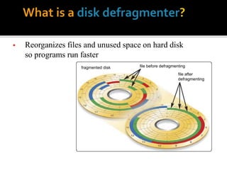 file before defragmentingfragmented disk
file after
defragmenting
 Reorganizes files and unused space on hard disk
so programs run faster
 