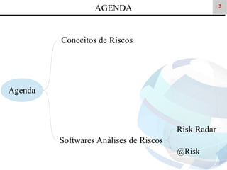 AGENDA

2

Conceitos de Riscos

Agenda

Risk Radar
Softwares Análises de Riscos
@Risk

 