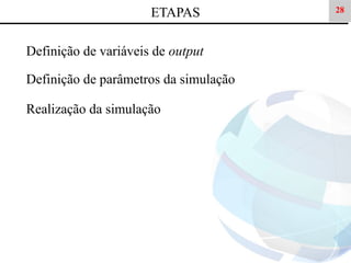 ETAPAS
Definição de variáveis de output
Definição de parâmetros da simulação
Realização da simulação

28

 